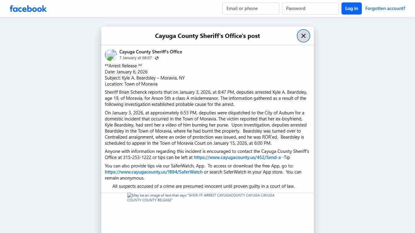 **Arrest Release ** Date:... - Cayuga County Sheriff's Office | Facebook